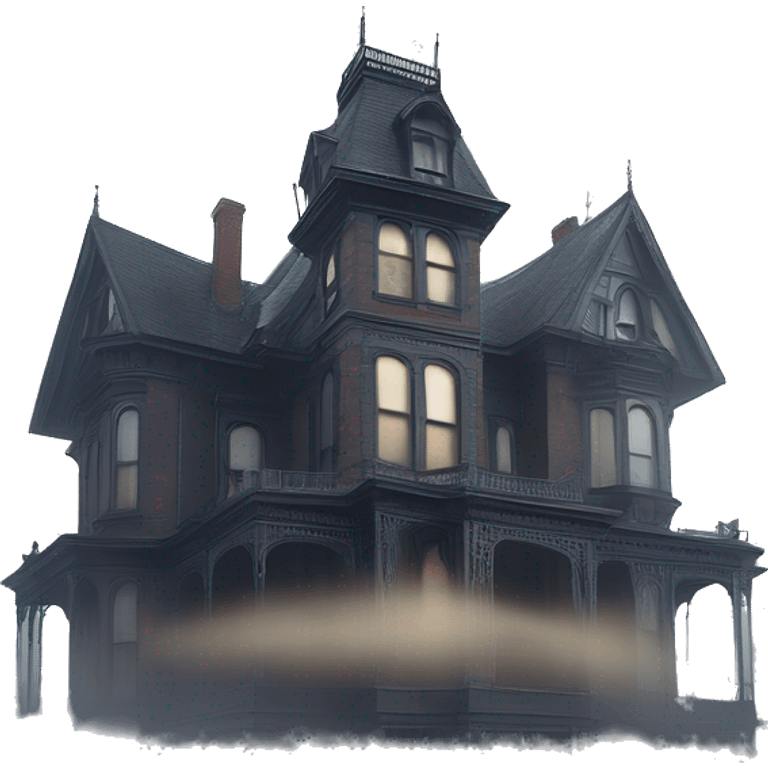 Fantastic Wide full view, A very roomy ramshackle Victorian Addams’s mansion looms through light fog at noon  emoji