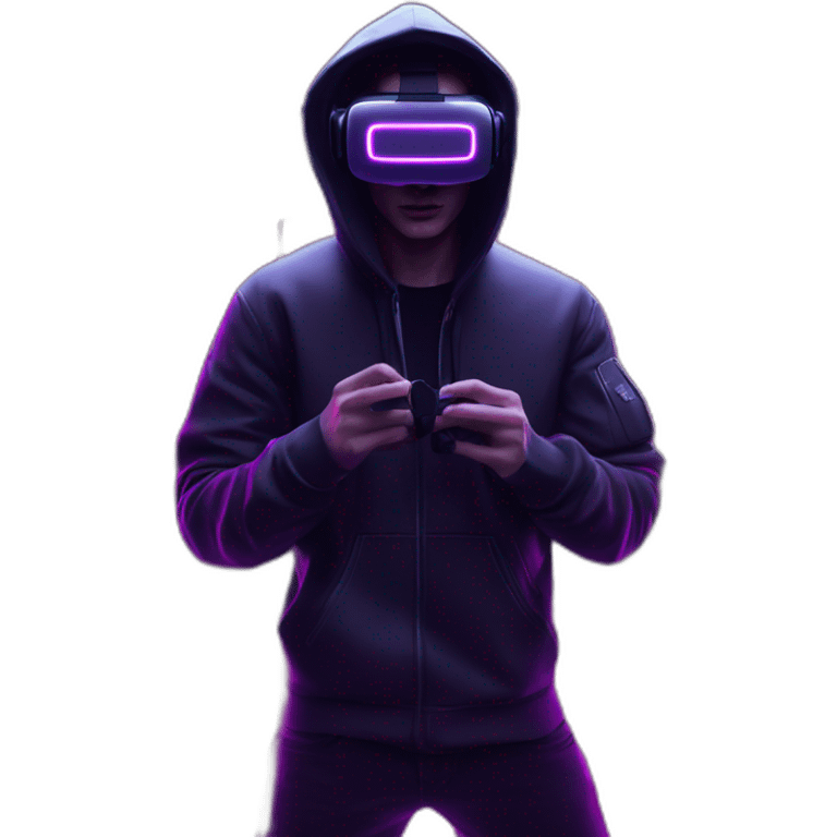 Russian young man wearing a black hoodie with "OMG" letters on it and VR headset in a cyberpunk VR environment with violet neon lighting. emoji