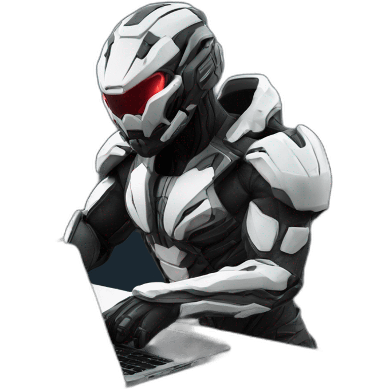 Side view developer behind his laptop with this style : Crytek Crysis Video game with nanosuit hacker themed character emoji