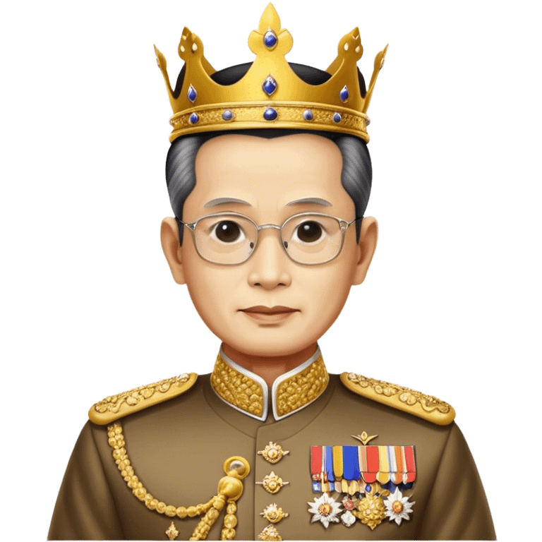 Cinematic Realistic King Bhumibol Adulyadej Portrait Emoji, depicted as a revered Thai monarch with a dignified expression and traditional royal attire, rendered with lifelike textures and soft regal lighting that captures his lasting legacy. emoji