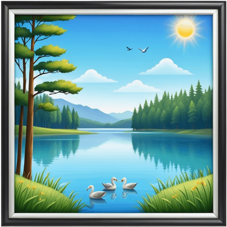 Cinematic Realistic Lake Emoji, Calm and reflective, with clear blue waters mirroring the surrounding landscape, framed by tall trees and grassy shores. The sunlight sparkles on the water’s surface while birds and animals play at the edge. Soft glowing outline, capturing the essence of peaceful serenity in a tranquil lake. emoji