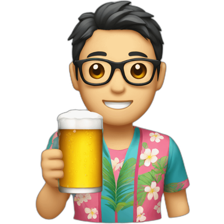 Japanese wearing roundglasses alohashirt is holding beer emoji