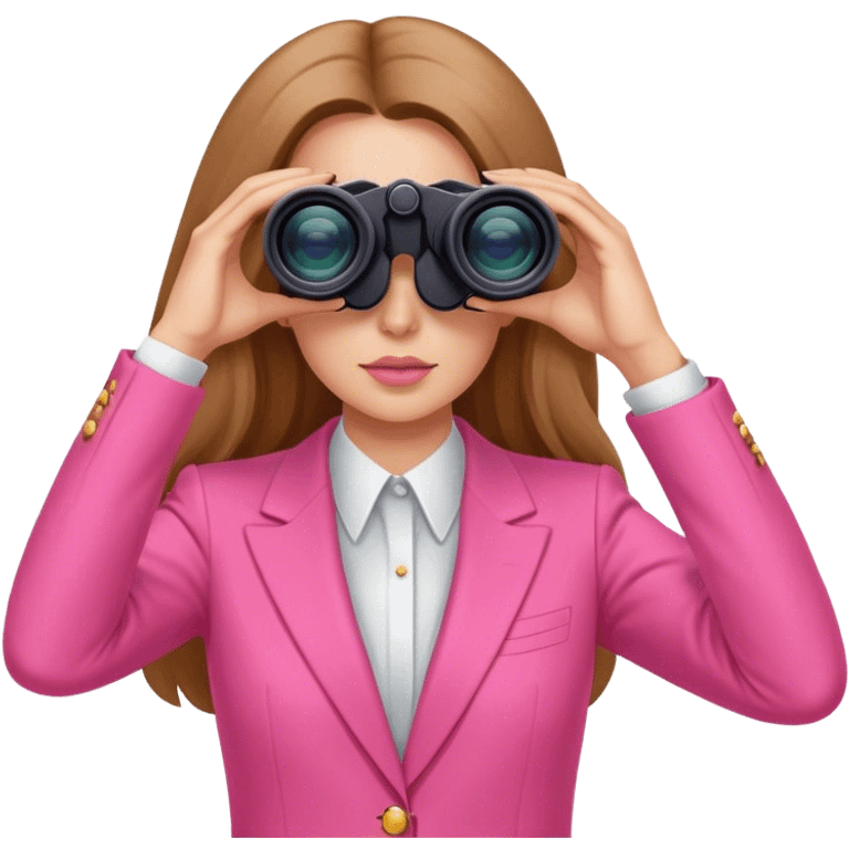 futuristic-looking woman with long hair in an intensive color pink suit looking through binoculars emoji