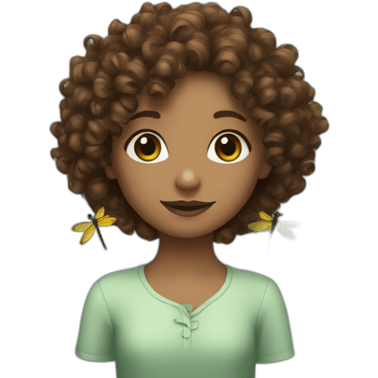 brown curly haired girl with dragonfly in hair emoji