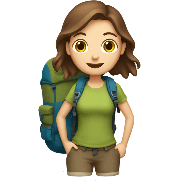 Hiking woman with brown hair and a backpack emoji