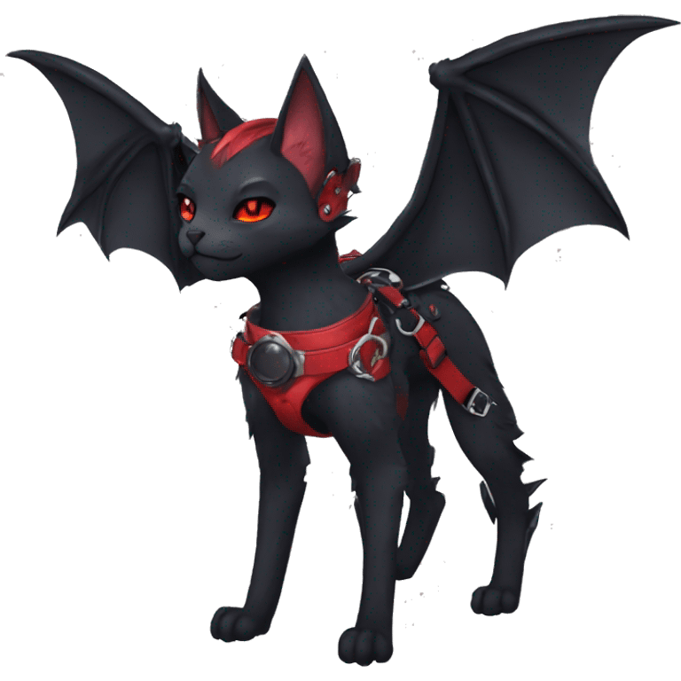 cool edgy elegant beautiful black punk red fantasy nargacuga-bat-cat-Fakemon collar harness full body emoji