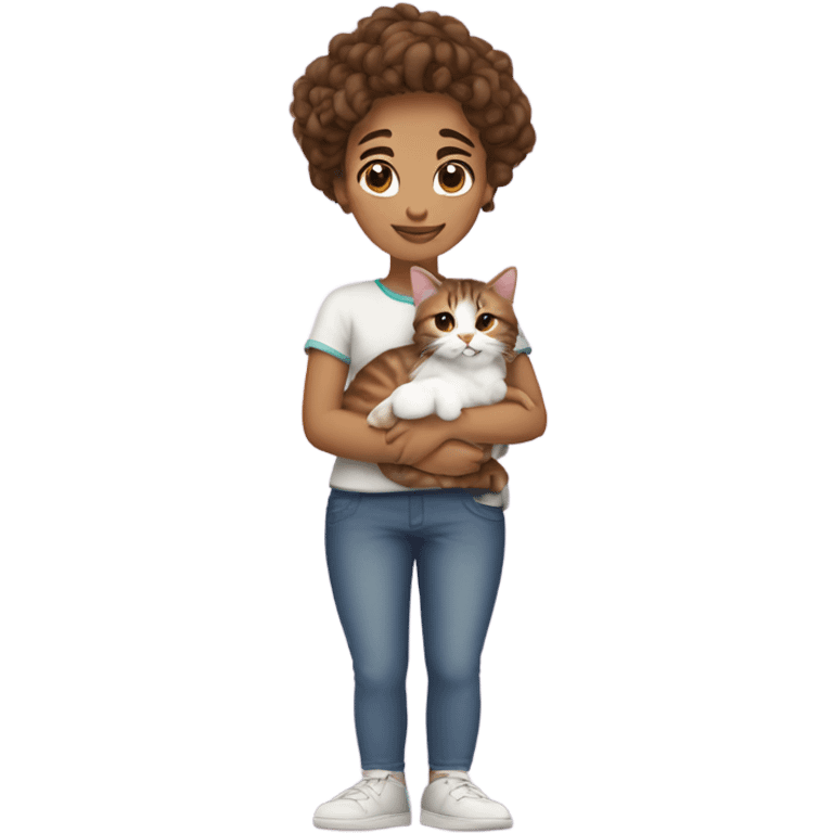 Girl with curly brown hair in bun cuddling a tabby cat with white paws and chest  emoji