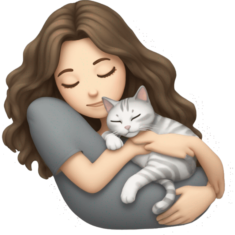 White girl brown hair sleeping with gray cat emoji