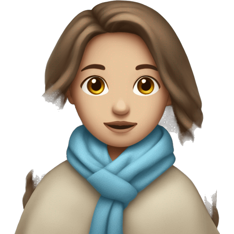 girl with long brown hair and blue eyes wrapped in a warm blanket emoji