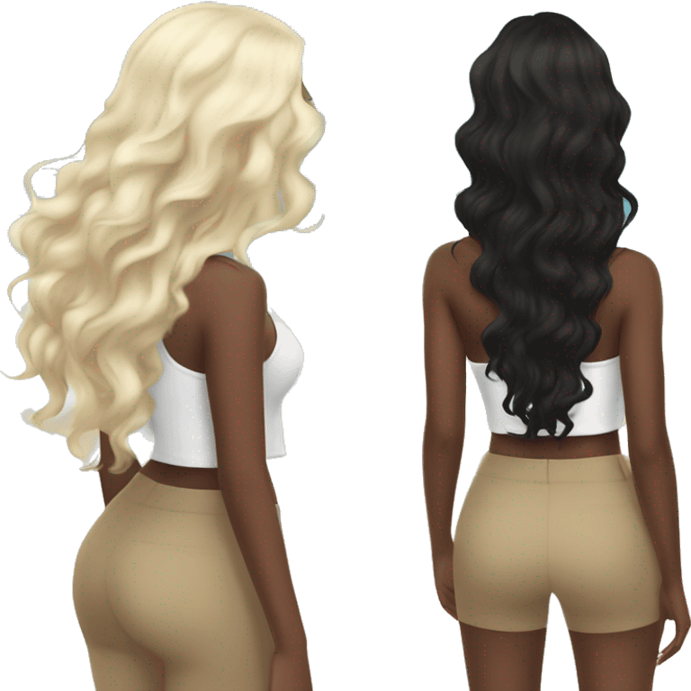 the back side of a brown women, with black hair, a white crop top, wavy long hair, beach emoji