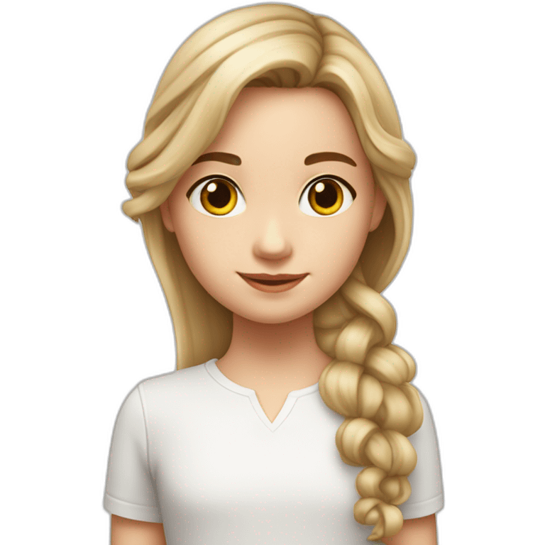 9 year old white girl with realy long brow waivy hair wearing a white shirt with black letters emoji