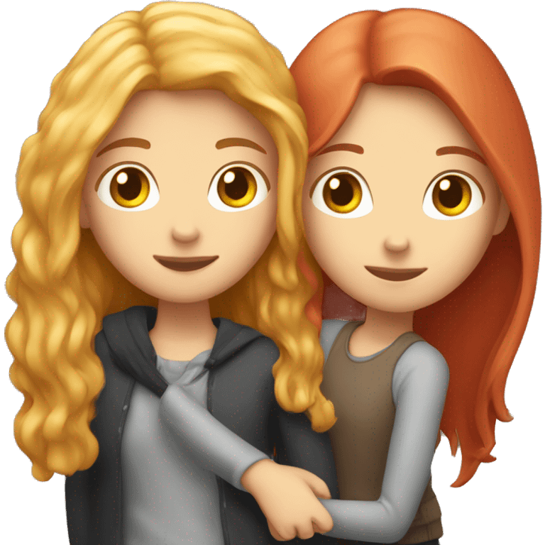 Long red hair girl hugging her tall blonde friend emoji