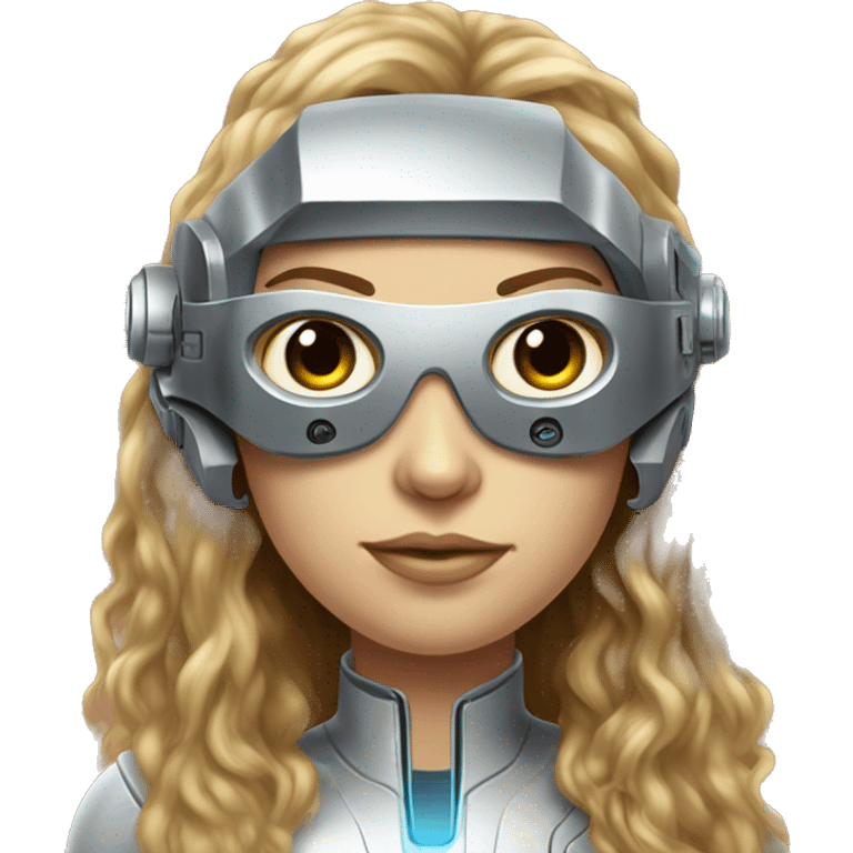 Brown long hair with blonde steaks female cyborg head, fair skin, space age goggles and circuits emoji