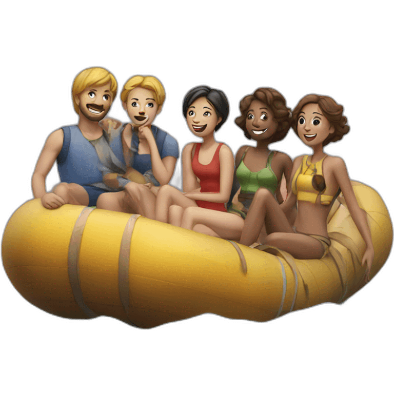 Four people having A party on a raft emoji