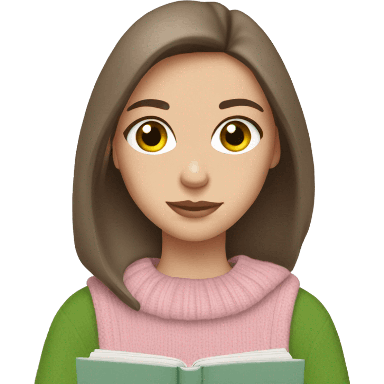 Pretty brunette green eyed white girl with light pink sweater reading cozy emoji