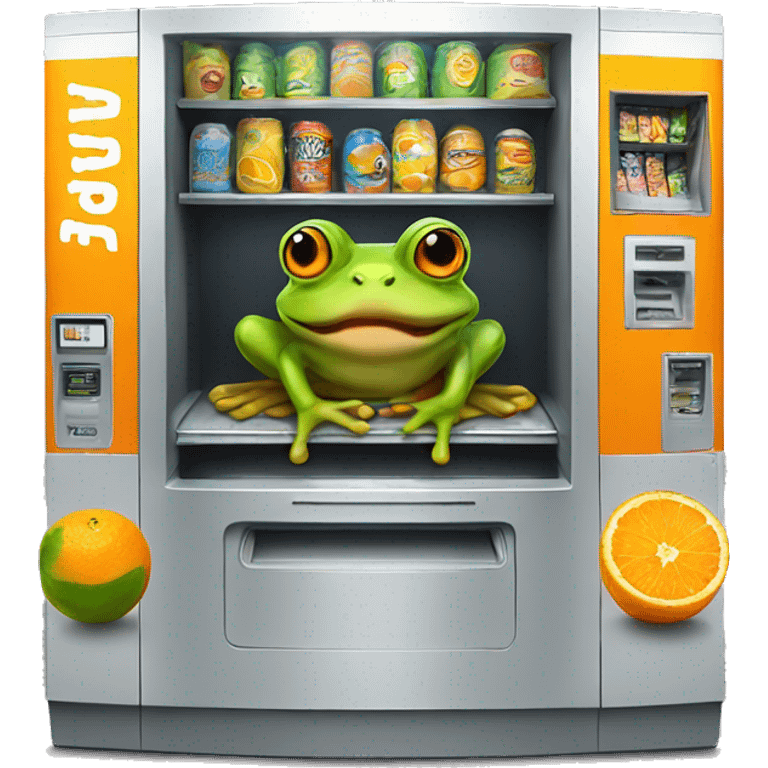 a frog in a vending machine eating oranges emoji