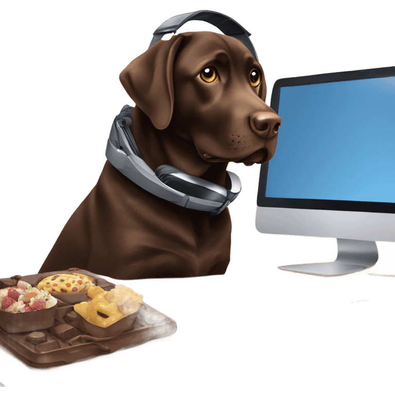 Chocolate lab working on computer with headset , food on desk emoji