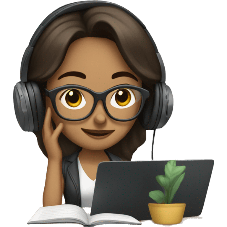 woman with long dark brown hair and clear glasses studying with headphones on emoji