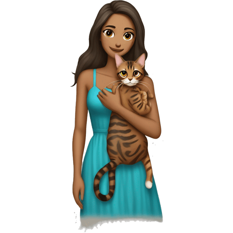 Beautiful skinny woman long dark brown hair in dress hug bengal cat emoji