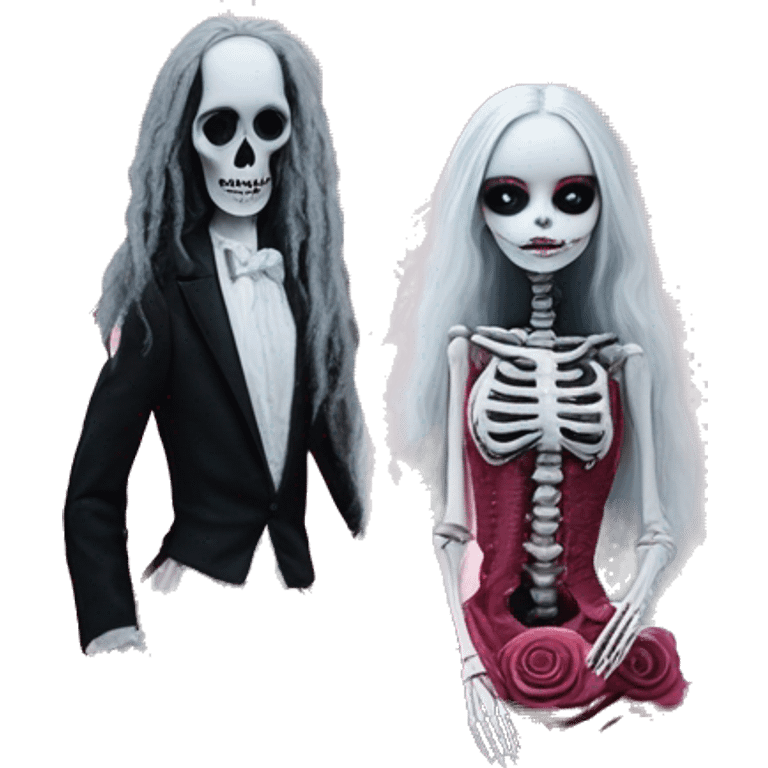 PINK LANDSCAPE PICTURE WITH FRAME: full body, hyper realism, full height skeleton, tim burton "corpse bride", thin porcelain doll with a cracked face, goth makeup watery eyes, long hair, lace and ruffles, lolita style, inked, black and white, red roses emoji