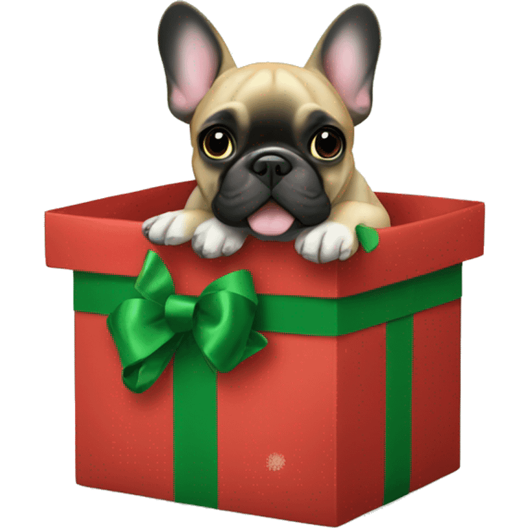 French bulldog popping out of a wrapped Christmas gift box, wearing a green bow around its neck emoji