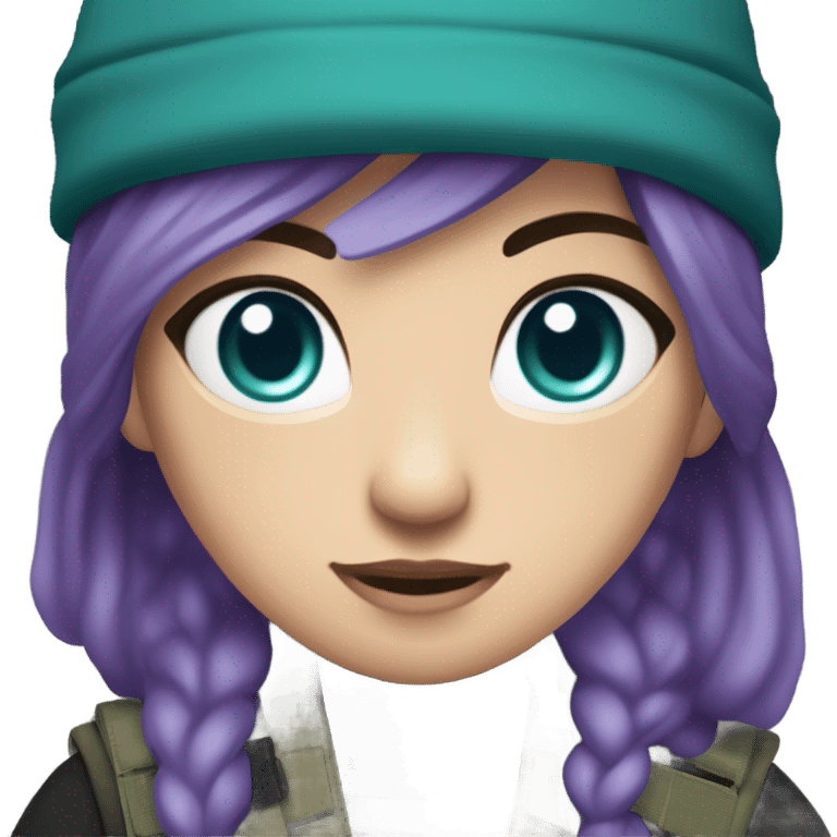 White Girl, tactical vest, dark pants, long teal and purple hair, blue eyes, purple beanie hat, knife, black combat boots emoji