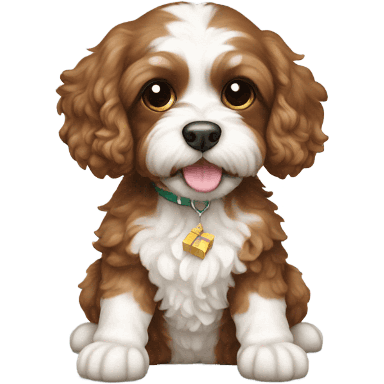 Brown and white cavapoo with gift box emoji