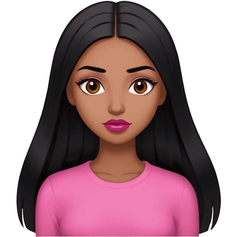 Woman,Medium brown skin,super long black straight hair, medium brown arched eyebrows, full lashes, red nude lips , pink shirt emoji