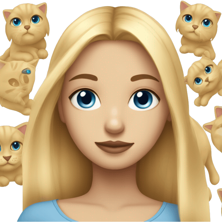 Blondir girl with blue eyes and middle long hair and she has little black kitty with long cat hair emoji