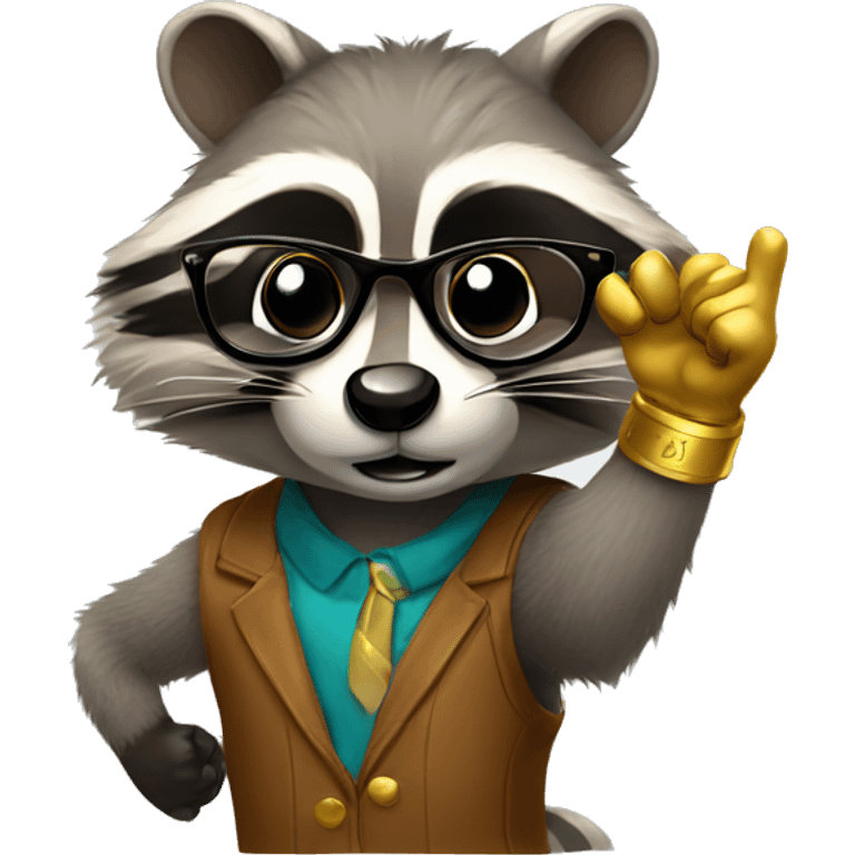 raccoon emoji style with glasses and pointing up with a golden hand emoji