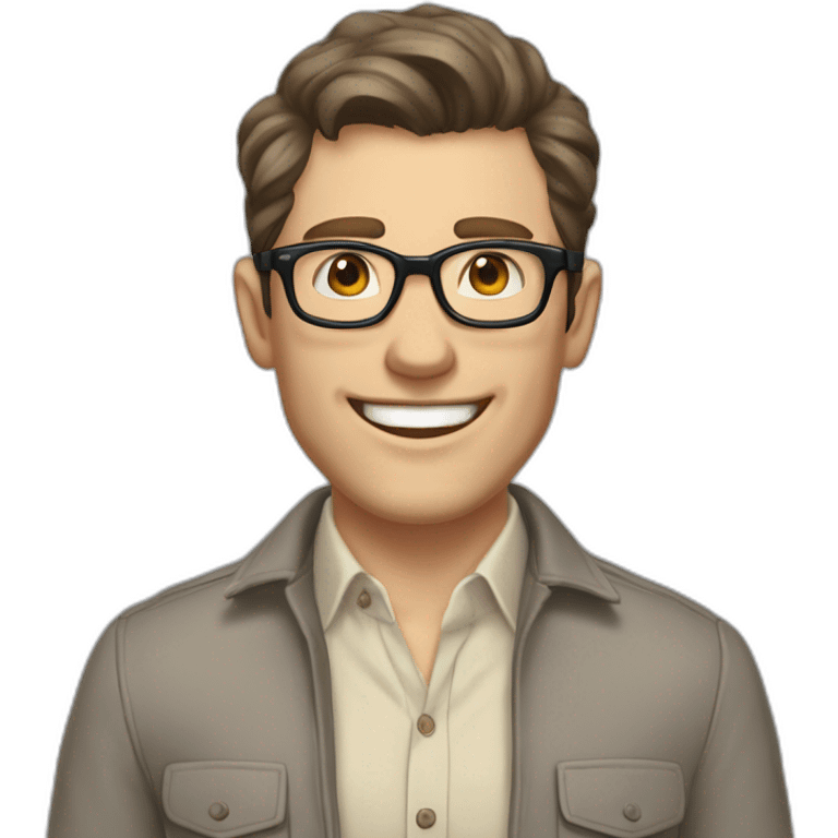 Joyful Pale skinned Fit Man With dark brown hair in gray jacket, beige office shirt, Brown pants and vintage glasses. His thrumbs up emoji