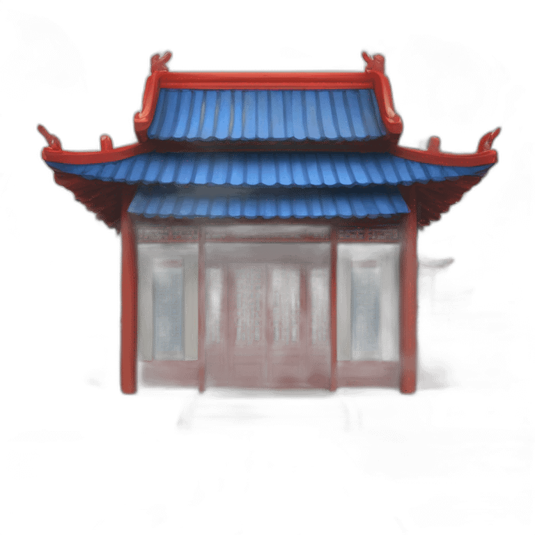 the front facade of a single-story Chinese-style building with a blue roof and red wooden structures emoji