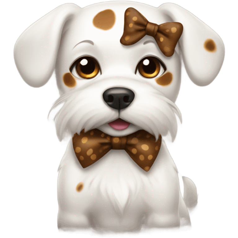 White dog with brown spots with a bow emoji