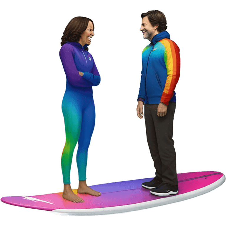 Kamala Harris wearing a rainbow “Nike Tech Fleece” on a surfboard in the snow with Justin Trudeau   emoji