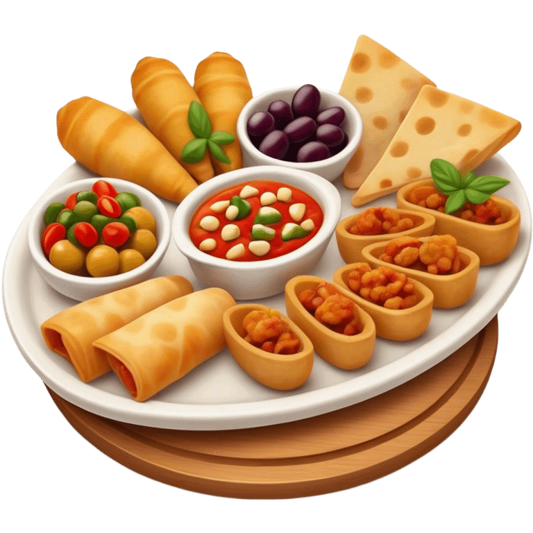 Cinematic Realistic Tapas Dish Emoji, depicted as an assortment of small, flavorful Spanish appetizers rendered with vibrant detail and warm, inviting lighting. emoji