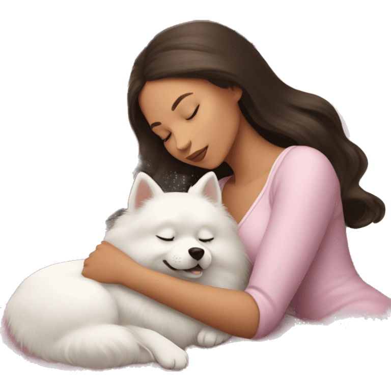 brunette Sleeping beauty girl with white pomeranian emoji