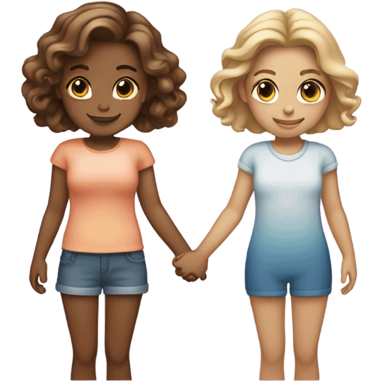 Two girls holding hands: one tanned with ombre hair and the other fair skin with dark blonde hair  emoji