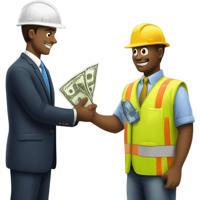 A construction worker giving money to another man in a suit.  emoji