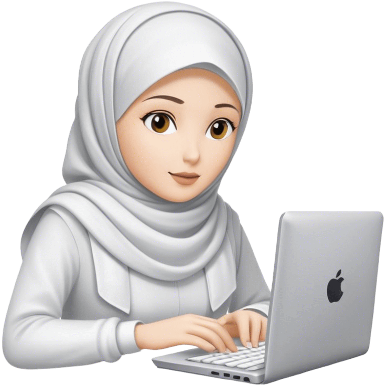 white skin hijab scarf woman working in computer. Her outfit is white emoji