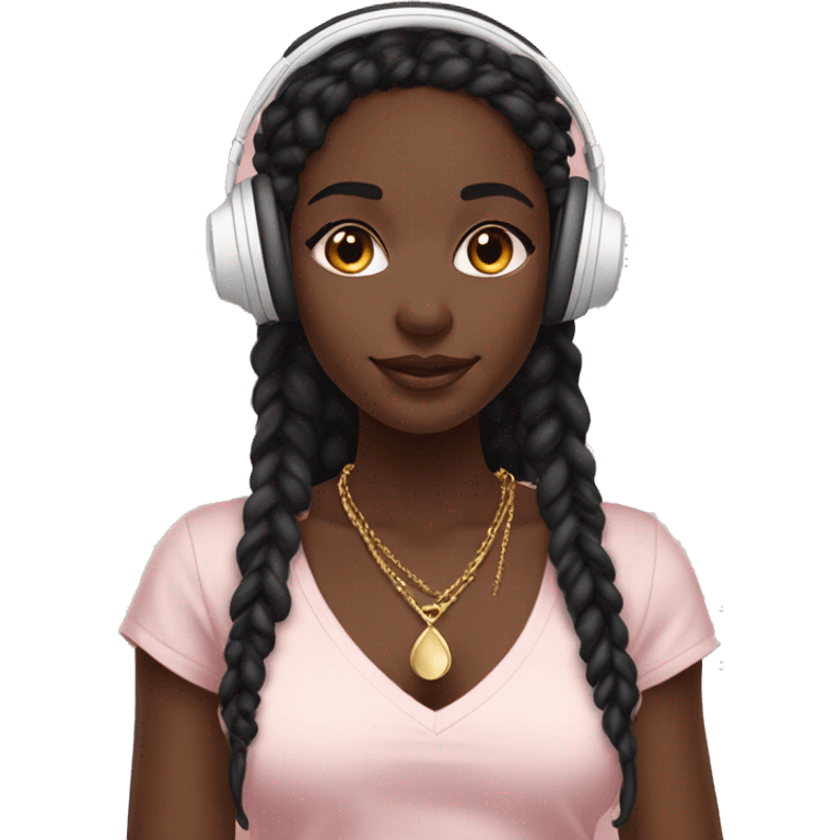 African girl. Black long twists. Wearing white headphones. Listening to music. Wearing a light pink v neck top. Gold Jewelry. Makeup. Blush. emoji