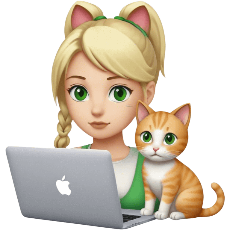 Blonde girl ponytail green eyes with apple MacBook and a cat emoji