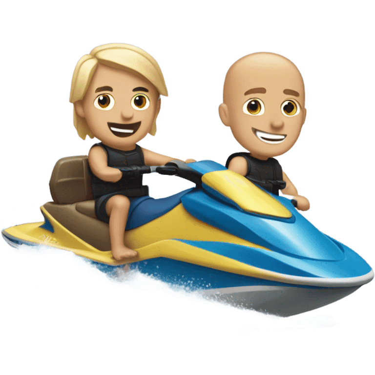 Guy with long Blonde hair, guy with bald head, guy with short brown hair, riding a jet ski with 3 surf boards emoji