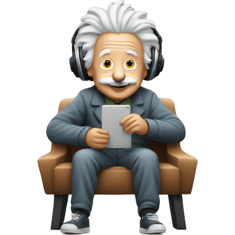 albert einstein happy listening music with wireless headphones while sitting on the chair emoji