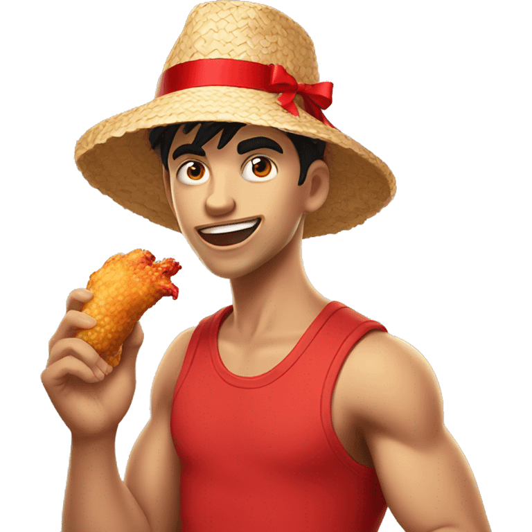 Young guy with black hair in a red tank top, wearing a straw hat with a red ribbon is making an extremely goofy face and eating a cartoonish chicken leg emoji