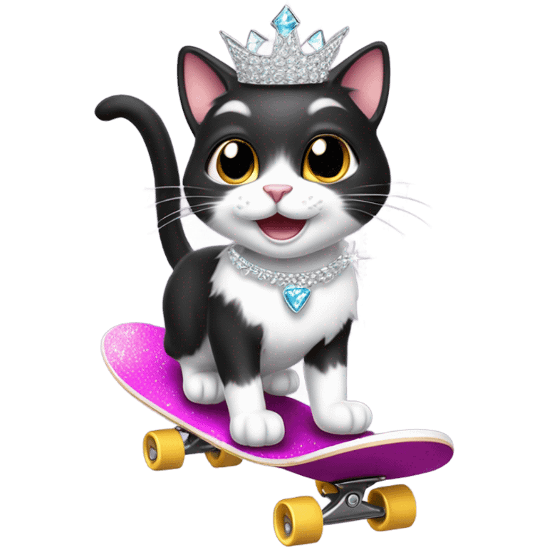 Grinning Black and white cat skateboarding wearng crystal tiara emoji