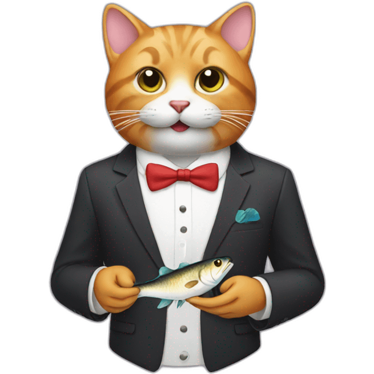 cat eating fish with a suit emoji