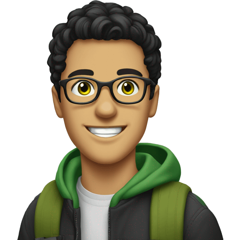 A young guy with black hair, wears glasses, has green eyes. He laughs in the center of the city of Skopje emoji