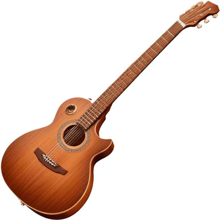 Cinematic Realistic Guitar, smooth mahogany body with intricate wood grain, steel strings reflecting soft light, gentle hand positioning on the fretboard, glowing with warmth and musical soul. emoji