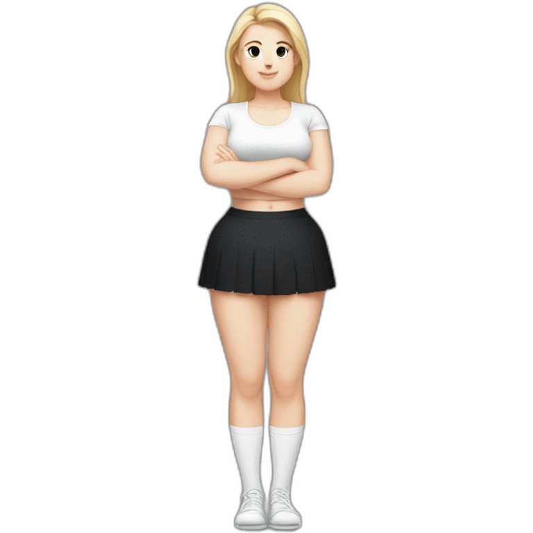 Front view full body curvy caucasian beauty headstands straight hands up black skirt white knickers white socks emoji