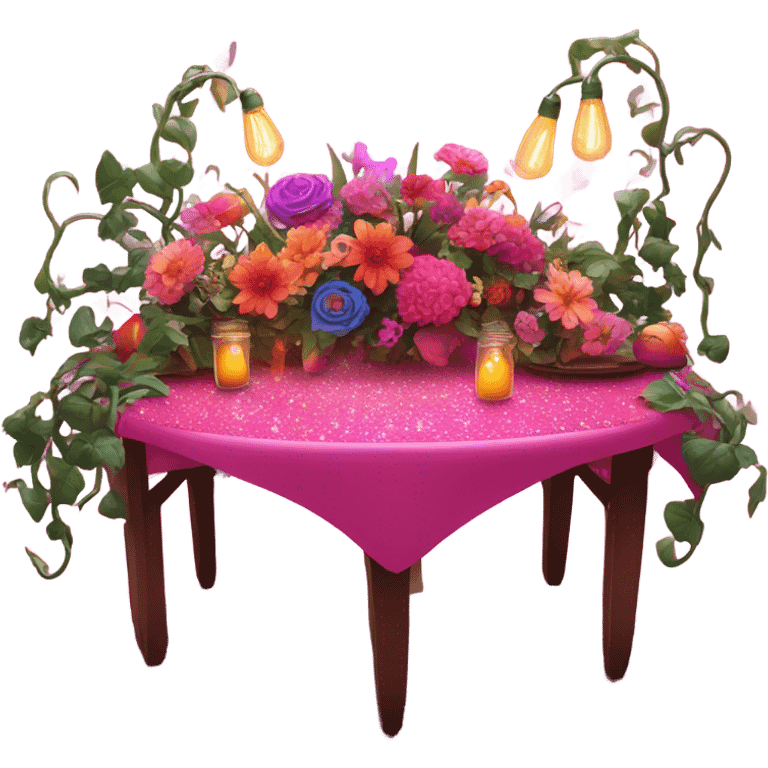 Hot pink table with glitter covered in lights and vines and flowers  emoji